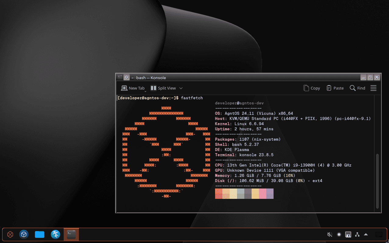 AgntOS Dev VM Running KDE Plasma